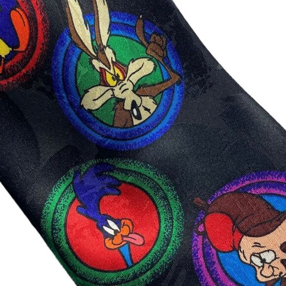 Looney Tunes Mania 1993 Black Character Neck Tie Martian Elmer Fudd Tasmanian - Picture 1 of 8